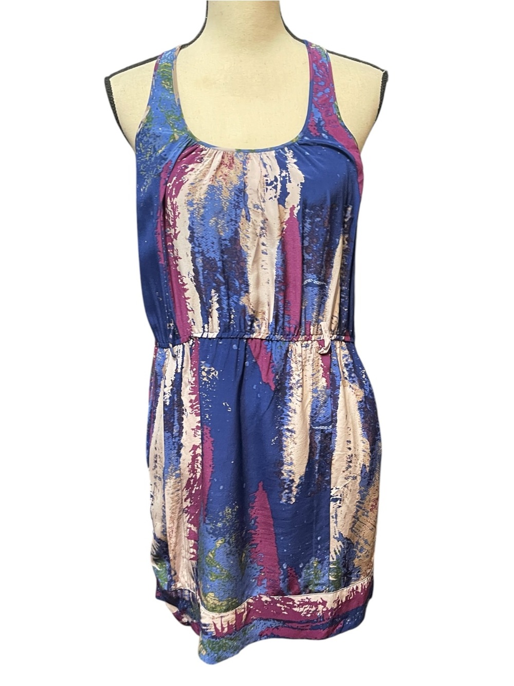 Charlie Jade Blue‎ Purple Abscract Halter Racer Back Blouse Style Mini Dress S